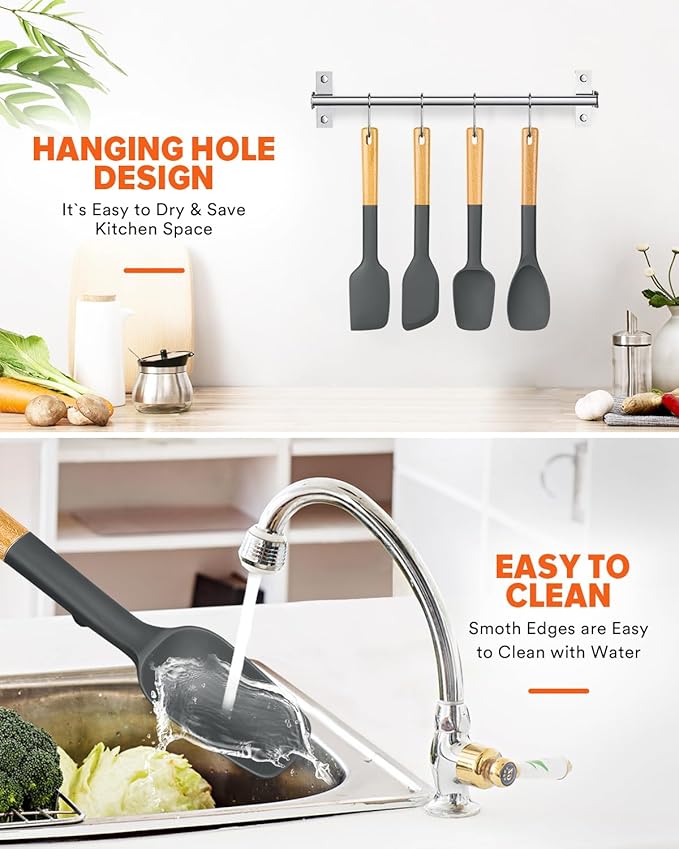 Silicone Spatula Spoon Set, Great for Mixing, Folding, Scraping, and Spreading, Sturdy BPA-Free Matte Silicone, Wooden Handle Rubber Spoonula for Nonstick Cookwares,4 Pack (GREY)