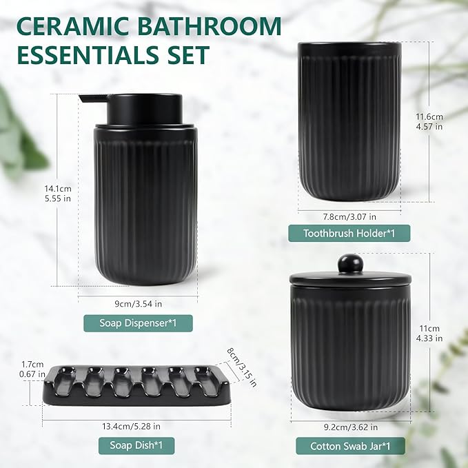 BosilunLife Black Bathroom Accessories Set - Ceramic Bathroom Counter Soap Set Bathroom Decor Sets Accessories Bathroom Lotion Soap Dispenser and Toothbrush Holder Set, Soap Dish, Apothecary Jars