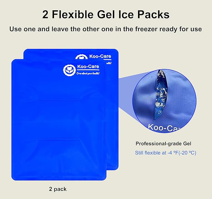 Koo-Care Large Flexible Gel Ice Pack for Injuries Reusable Hot Cold Compress - Fit for Shoulder Arm, Back, Hip, Knee, Shin, Foot Pain Relief, Swelling, Physical Therapy (L, 11" x 14") Pack of 2