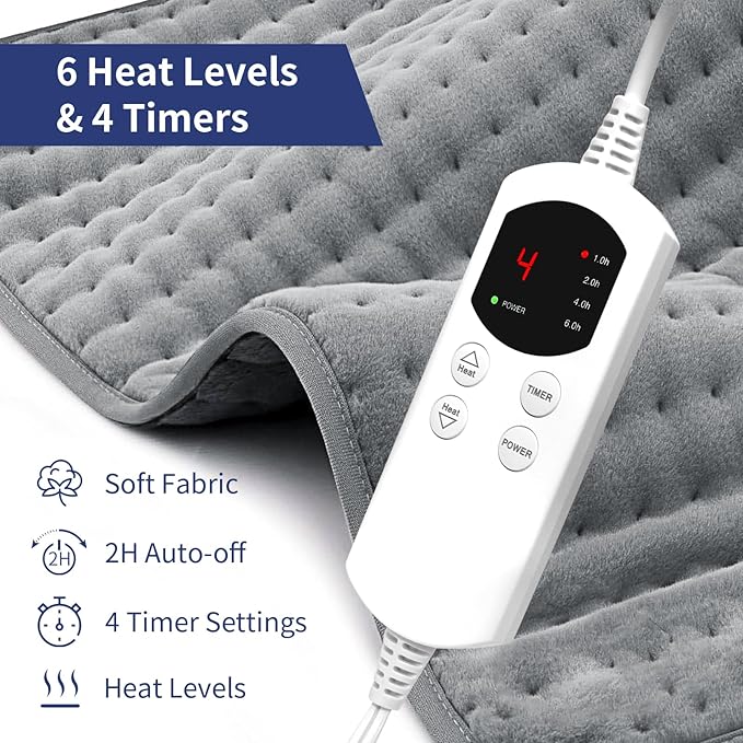 Heating Pad for Back & Period Cramps, 12"x24" Large Electric Heating Pad with 26" Waist Belt, 6 Heat Levels 4 Timers & Auto Shut Off, Gift for Women Men Mom Dad(Gray)