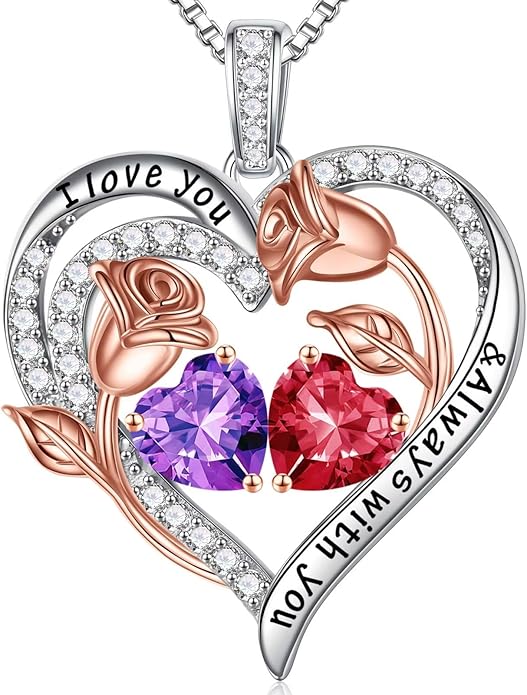 Iefil Birthstone Necklace for Women - 925 Sterling Silver Rose Heart Birthstone Necklace Birthday Anniversary Jewelry Gifts for Her Wife Mom Daughter