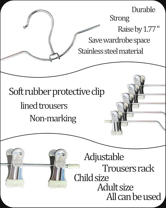 HGYZE Metal Skirt Hangers for Women, Short Neck Pants Hangers with 2-Adjustable Clips, 360° Swivel, Non Slip White Grip for Slacks Trousers Shorts Jeans, Stackable Hooks for Space Saving 20 Pack