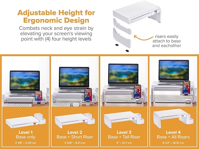 Bostitch Konnect Adjustable Monitor Riser with Drawer, Cell Phone Stand & Pencil Holder, Laptop Stand for Desk, 4 Height Levels, Cable Management & Rubber Feet