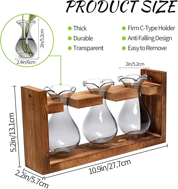 Plant Propagation Station Plant Terrarium Unique Birthday Gifts for Women Home Office Decor Planter with Wooden Stand - 3 Bulb Glass Vase