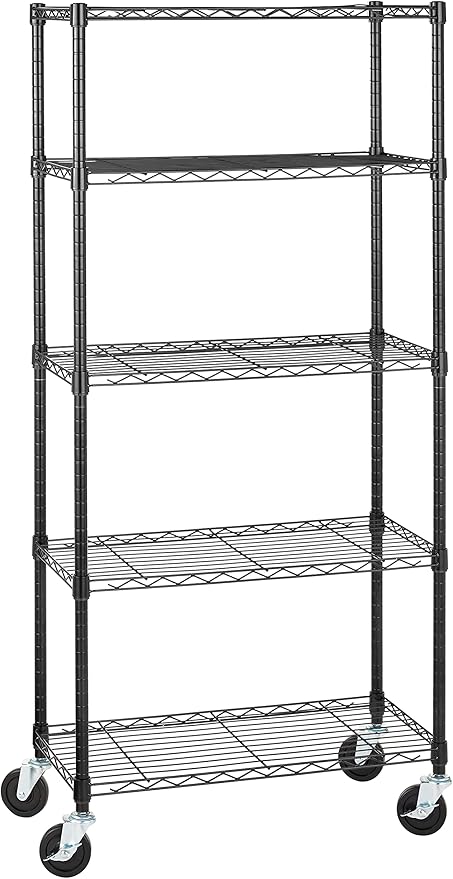 Amazon Basics 5-Shelf Adjustable, Heavy Duty Storage Shelving Unit on 4'' Wheel Casters, Metal Organizer Wire Rack, 30" L x 14" W x 64.75" H, Black