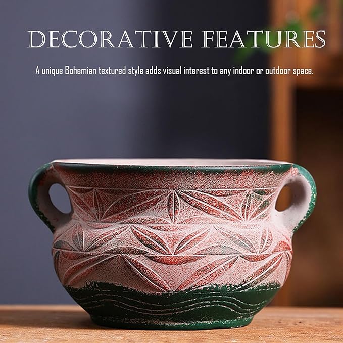 Ceramic Succulent Pot with Drainage Hole, Bohemia Rustic Decorative Planter, Set of 2, Indoor Outdoor