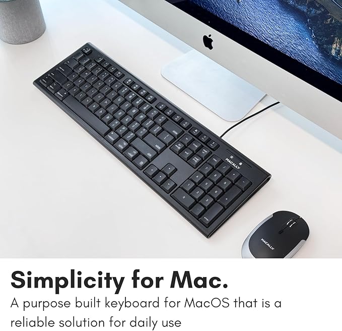 Macally Full Size Wired Mac Keyboard - Compatible with All Macs with USB Port - Wired Keyboard for Mac Mini / Pro, Macbook Pro/Air, iMac with Number Pad & 16 Apple Shortcut Keys Spill Proof - Black