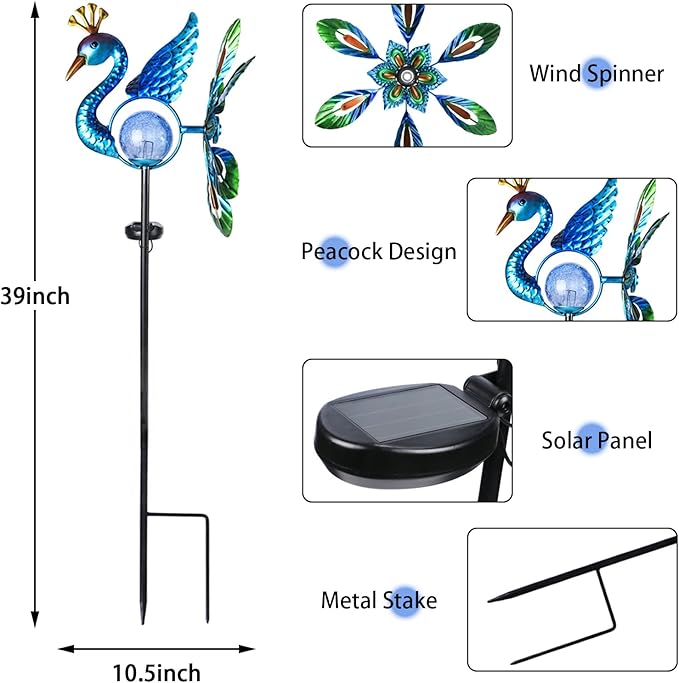 Peacock Solar Light Wind Spinner Outdoor Garden Decoration, Waterproof Garden Stake LED with Cracked Glass Ball, Gift for Mom, Lawn Ornaments for Pathway, Patio, Yard Decor Outdoor