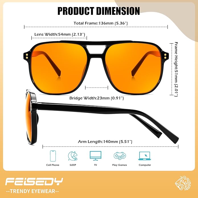 FEISEDY Amber Blue Light Glasses for Computer Gaming Anti Eyestrain Sleep Glasses G2835