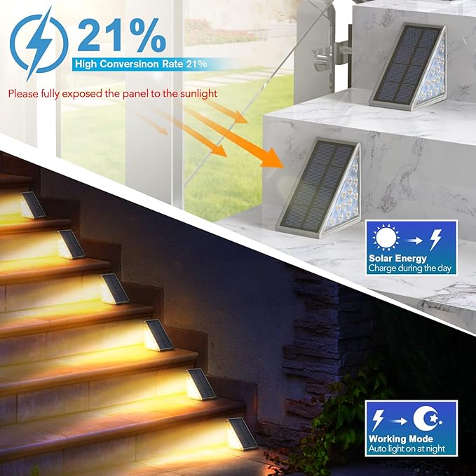 LED Solar Step Lights Waterproof Outdoor Stair Lights, Warm White Solar Deck Lights IP67 Solar Decoration Light for Yard, Patio, Garden, Walkways, Front Door, Pathway, Driveway, Porch 2PK