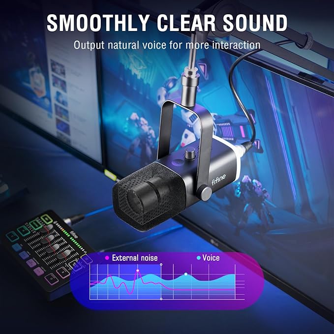 FIFINE Gaming Equipment Bundle, Dynamic XLR/USB Gaming Microphone Set with Streaming Audio Mixer for Podcast Recording Video Vocal, RGB Gamer Set with Volume Fader/XLR Interface for PC-AmpliGame KS5
