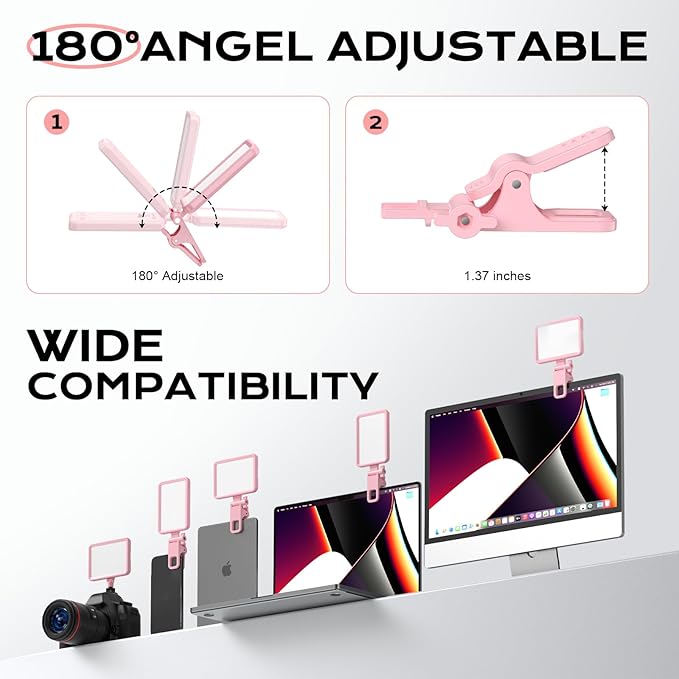 Rechargeable Soft Selfie Light for Phone, Camera, Laptop, 4-14H Battery Portable LED Light for Pictures, Phone Light Clip for Selfie, Vlog, TikTok, Makeup, Video Conference Pink
