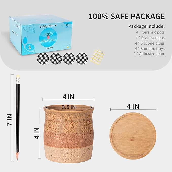 TAMAYKIM 4 Inch Small Ceramic Plant Pots with Drainage Holes and Saucers, Retro Totem Planters for Succulent, Cactus & Herbs, Brown Beige, Set of 4