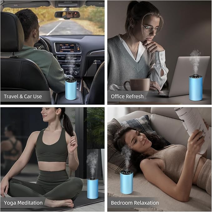 Waterless Car Diffuser for Essential Oil, Battery Operated Smart Air Freshener, Portable Mini Aromatherapy Scent Diffusers, 3 Timers & Mist Levels Cordless Nebulizer for Car Home Room Office, Blue
