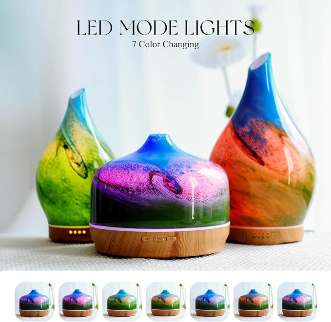 Porseme 500ml Glass Essential Oil Diffuser Aromatherapy Ultrasonic Cool Mist Humidifier 15-21 Running Hours Waterless Auto-Off Air Diffusers for Sleeping Yoga Office Working Spa and Rest (Blue Grass)