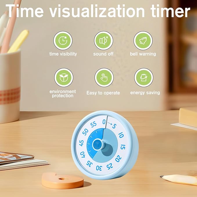 Visual Timer 60-Minute - Silent Countdown for ADHD, Kids, Self-Discipline Tool for Classroom, Kitchen & Homeschool Time Management
