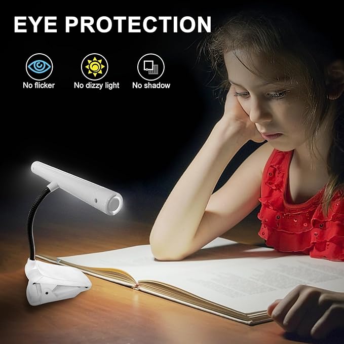 BIGMOANT Battery Operated Book Light, Reading Light with Clip, Eye Care Book Light, 2 Adjustable Brightness Set, Flexible Metal Neck, Perfect for Book Lovers (White, 2 Pack)