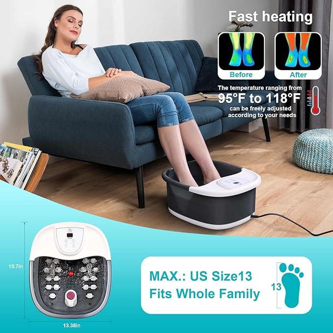 Foot Spa Bath Massager with Heat [2025 Upgraded], Vibration, Temperature Control, Jets, Bubbles, Epsom Salt, Feet Massager with 22 Massage Rollers, Foot Bath for Relaxation, Large, Grey