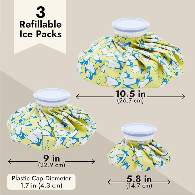 Juvale Reusable Ice Packs for Injuries - Small (5.8 in), Medium (9 in) & Large (10.5 in), 3 Pack, Penguin Print - Ice Bag Screw Top for Pain Relief & Headache
