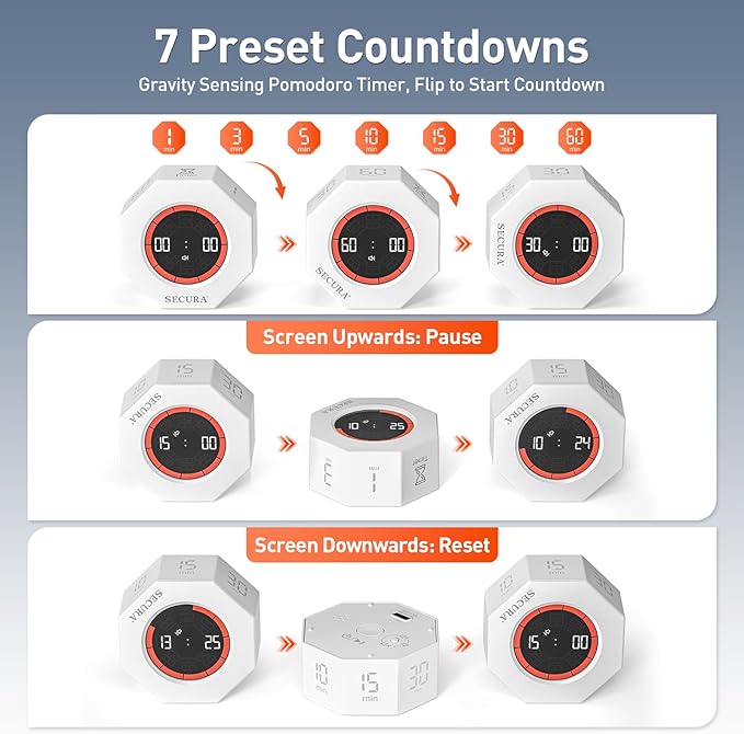 Secura Pomodoro Timer, Rotating Cube Time Tracker, Flip Gravity Sensor with 7 Presets(1/3/5/10/15/30/60 Minutes), Visual Progress Bar for ADHD, Kids, Tasks, Work, Study (White)