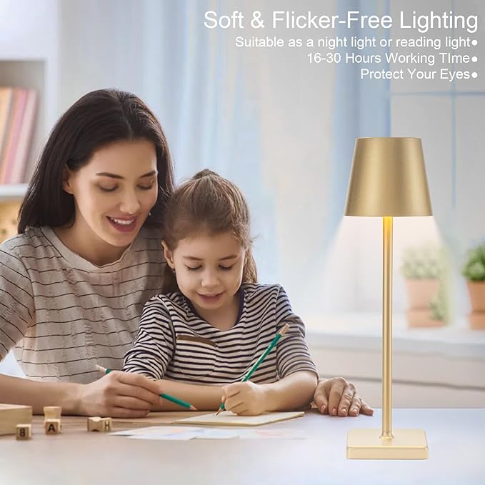 1 Pack Rechargeable Cordless Table Lamps, 5200mAh Battery Touch Table Light, Aluminum Shell Stepless Dimmable Portable LED Desk Lamp for Dinner/Restaurant/Outdoor Gold