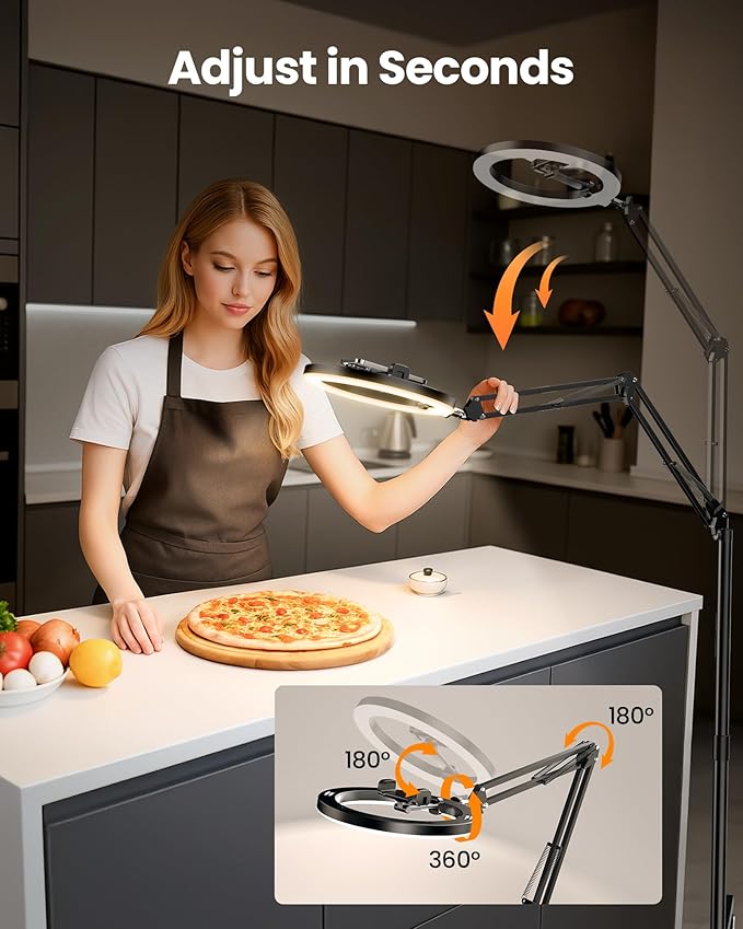 LUXSURE Ring Light Tripod for iPhone with Light,Overhead Camera Mount with Casters,Ring Light with Stand and Phone Holder for Video Recording,Phone Tripod with Light for Live Streaming/Cooking