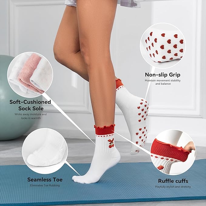 Cute Pilates Socks with Grips for Women Ruffle Cuff Embroidery Non Slip Yoga Socks for Workout, Barre, Pilates Gifts