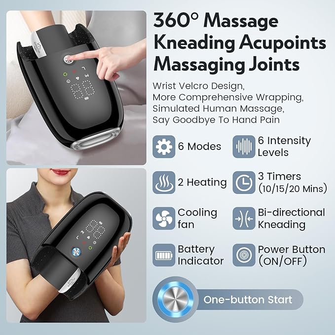 Hand Massager with Heat and Compression & Kneading Massage for Arthritis Carpal Tunnel Pain Relief, Cordless Hand Massager with 6 Modes & 6 Intensities, Birthday Gifts for Women Men Him Her Mom Dad