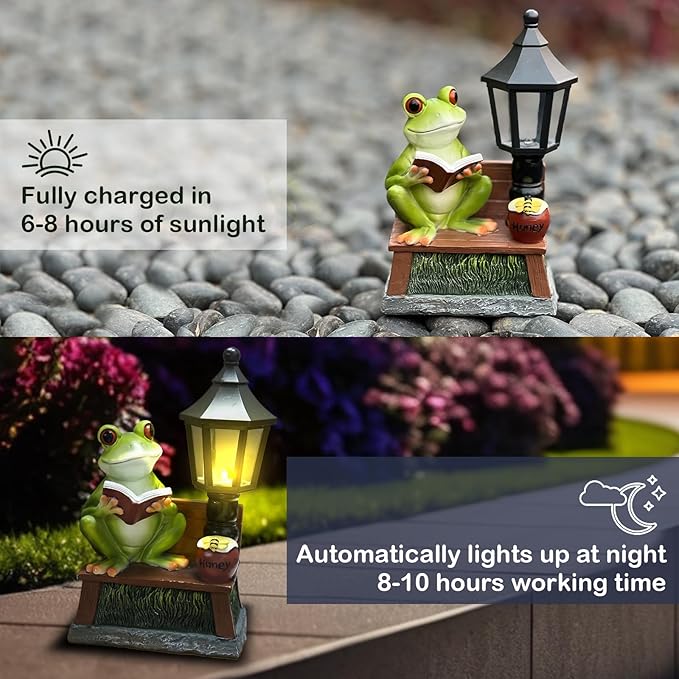 Frog Garden Statue Home Outdoor Decor - Solar Frogs Learning Sculptures Auto LED Waterproof Lights, Garden Outside Figurine Ornament, Women/Gardening/Housewarming Gift for Yard/Pond