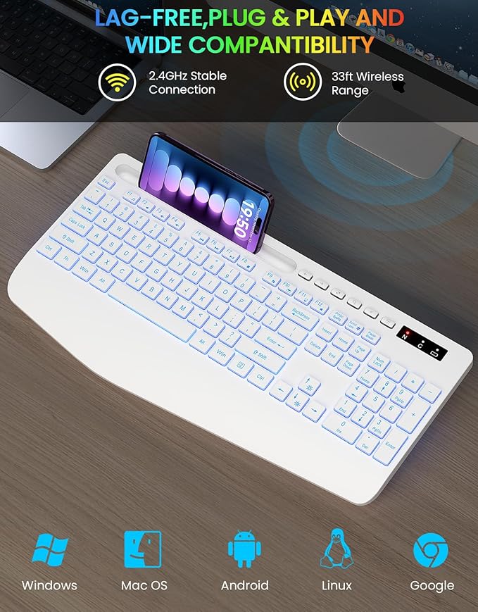 Wireless Keyboard with 7 Colored Backlit, Wrist Rest, Phone Holder, Rechargeable Ergonomic Computer Keyboard with Silent Keys, Full Size Lighted Keyboard for Windows, MacBook, PC, Laptop (White)