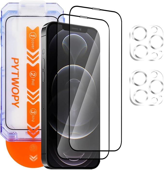 Glass Screen Protector for iPhone 12 Pro 6.1 inch[2 Pack][Easy Installation],with 2 Camera Lens Protectors,HD Clear Full Screen Tempered Glass,Case Friendly