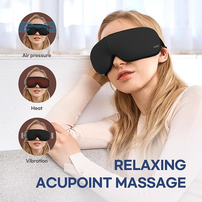 HuBDIC HubiCare Eye Massager with Heat, Vibration, and Music Helps Relieve Strain, Dark Circles, Dryness, and for Migraine Relief Relaxation and Better Sleep Gifts for Women/Men (Black)