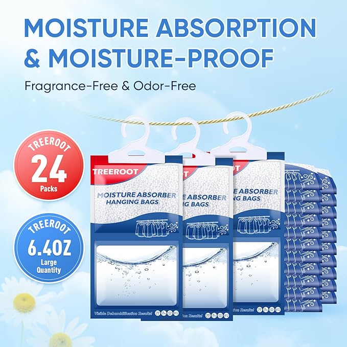 24 Pack Moisture Absorbers for Closet, 6.4OZ Hanging Closet Dehumidifier Bags, Hanging Humidity Absorber in Wardrobes, Kitchens and Bathrooms, Fragrance Free Portable Moisture bags