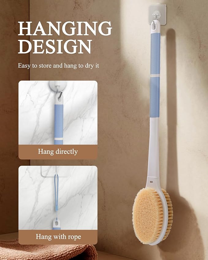Shower Brush for Massage Dry Brushing: Back Scrubber for Shower with 18.1 in Anti Slip Long Handle - Bath Body Brush for Lymphatic Drainage, Exfoliator Improving Skin Health for Women Men Elderly Blue
