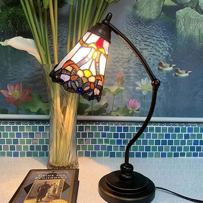 Bieye L10688 Tiffany Style Stained Glass Table Lamp Night Light with Swing Arm Base for Working Reading Home Decoration (Baroque Blue)