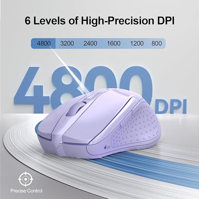 TECKNET Wireless Mouse (2.4G & BT5.0/3.0) Silent 4800 DPI Computer USB A & Bluetooth Mouse 6 Buttons, Wide Compatibility - Lavender