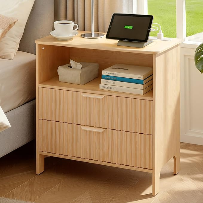 Fluted Nightstand with Charging Station, Wood Night Stand with 2 Large Drawers and Storage Shelf, Natural Bed Side Tables Bedroom, Mid Century Modern Nightstand for Bedroom/Living Room