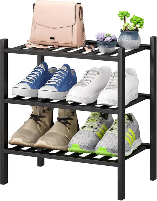 Small Shoe Rack for Entryway,3-Tier Black Bamboo Shoe Organizer for Hallway Closet, Free Standing Shoe Racks for Indoor Outdoor