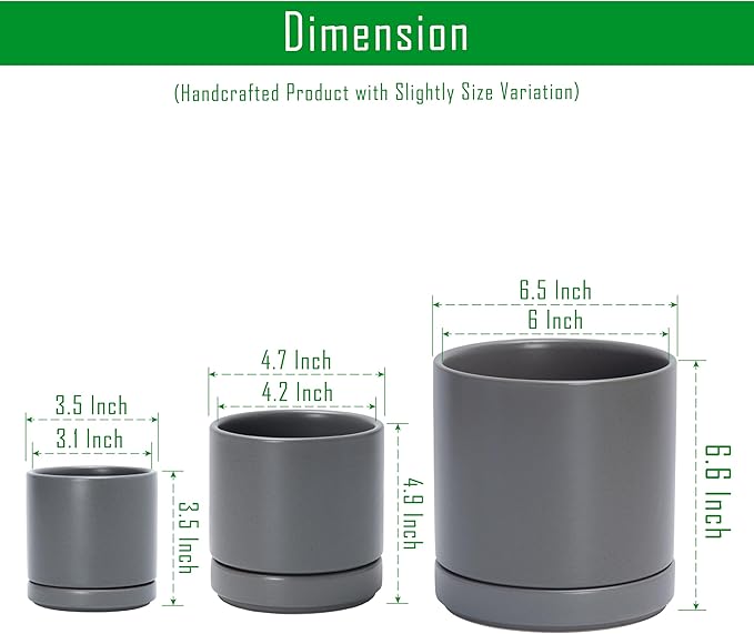D'vine Dev 3 Inch & 4 Inch & 6 Inch, Set of 3 Round Ceramic Planter Pot with Drainage Hole and Saucer, Grey, 94-T-S-3