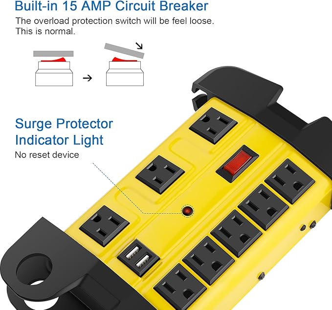 Heavy Duty Power Strip with USB, Workshop 8 Outlet Surge Protector 2700 Joules, Industrial Metal 15Amp Power Strip, 6FT Extension Cord and Wide Spaced. Yellow