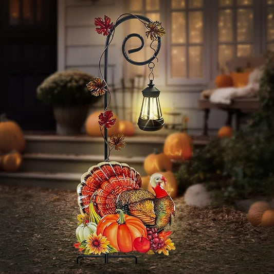 Metal Thanksgiving Turkey Garden Stake with Solar Lantern,Outdoor Fall Decor,Turkdy Yard Sign for Pathway,Patio or Farmhouse Porch