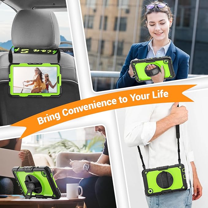 SEYMAC for Samsung Galaxy Tab A9 Case 8.7 Inch 2023 (SM-X110/X115/X117), Heavy Duty Shockproof Protective Case with Screen Protector, Rotating Stand, Hand/Shoulder Strap and Pen Holder, Green