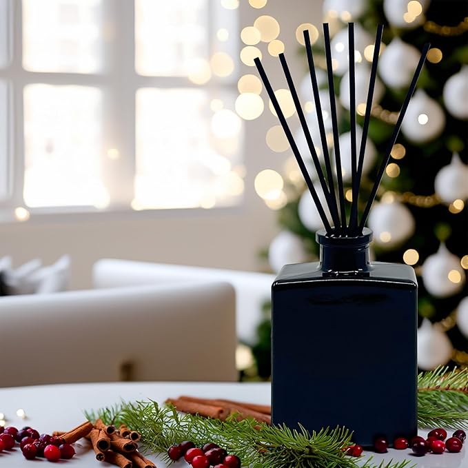 Urban Naturals Holiday Cheer Reed Diffuser Set – Cranberry, Cinnamon, Evergreen, Cedar & Smokey Wood – 5 Ounce Sleek Black Rectangular Refillable Glass Bottle – Made in The USA