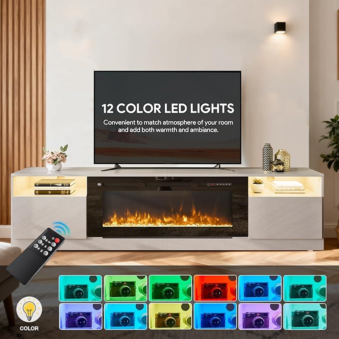 80” TV Stand with 36” Electric Fireplace, Large Modern Media Entertainment Center with Storage Cabinet and 12 Colors LED Lights for TVs Up to 90",Grey and Black