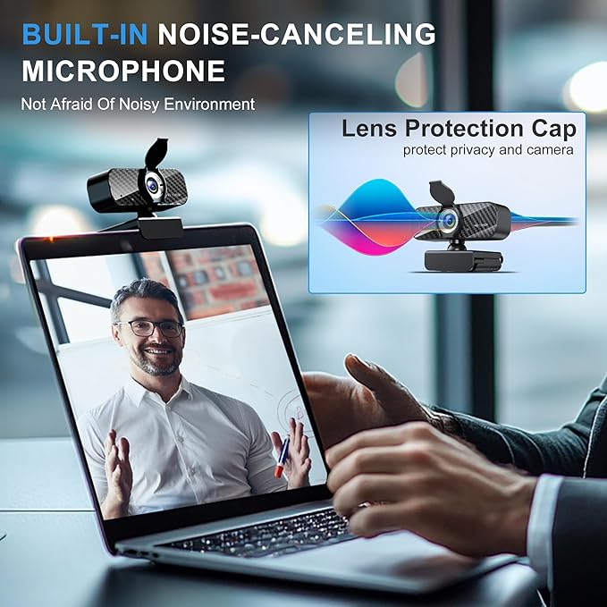 Webcam Full HD 1080P with Built-in Microphone and Rotatable Tripod, Carbon Fiber Board and Privacy Cover, Auto Light Correction, Adjustable FOV, Plug&Play for Zoom/Skype/Facetime/YouTube, Laptop/PC
