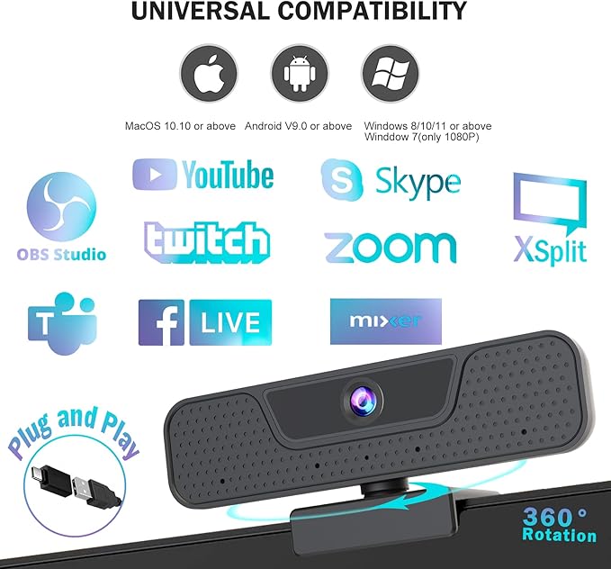 Akyta 4K Webcam with 4 Noise-Canceling Microphones-Privacy Cover-Tripod, AutoFocus Computer Web Camera for Desktop, 4K USB C Webcam for PC/Laptop/Desktop Computer/Teams/Zoom/YouTube Streaming