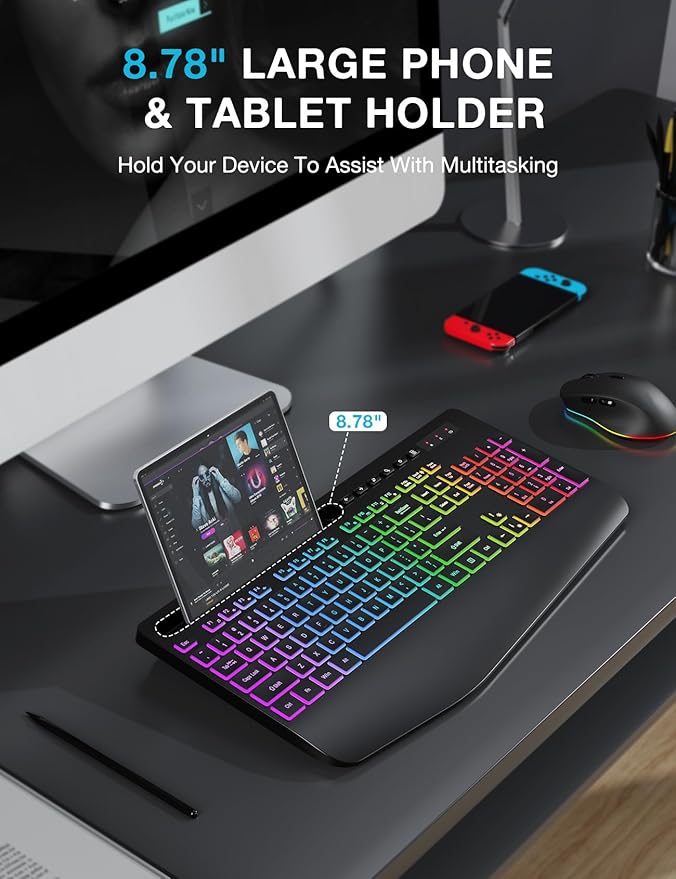 Wireless Keyboard and Mouse Combo - 9 Backlit Effects, RGB, Ergonomic Wrist Rest, Phone Holder, 2.4G Full Size, Rechargeable, Sleep Mode, Quiet Keyboard Set for Computer, PC, Laptop, Mac, Windows