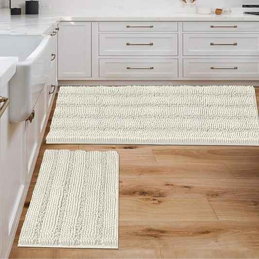 Non Slip Thick Shaggy Chenille Bathroom Rug Mat Set Extra Soft and Absorbent Striped Floor Rugs, 2 Piece, Machine-Washable