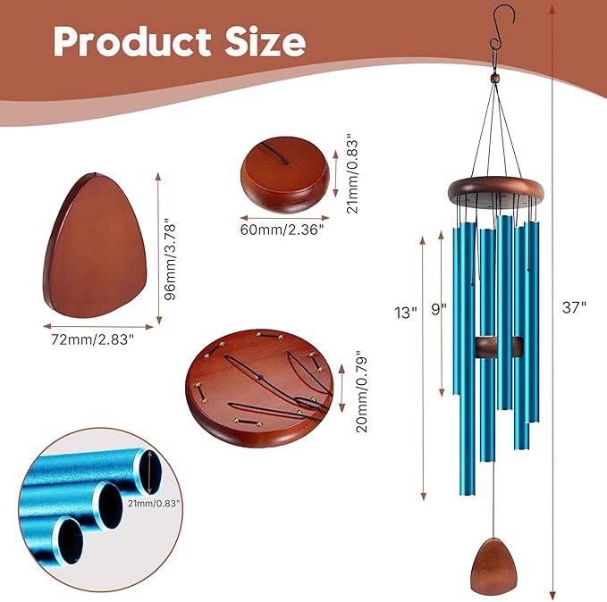 Aluminum Wind Chimes for Outdoor Garden and Yard with Soothing Deep Tones, Creates a Peaceful Ambiance with Sophisticated Wind Catcher, Ideal Calming Gift for Families (Blue, 37 Inches)