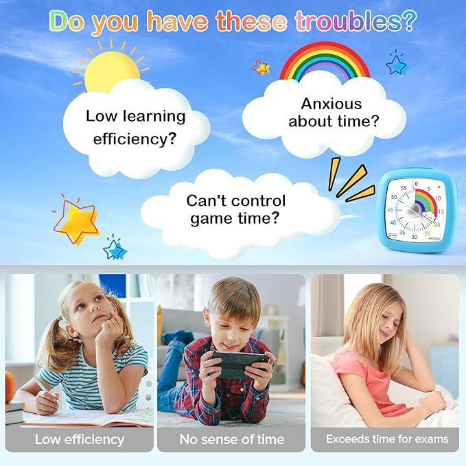 Secura 60-Minute Visual Timer, Silent Study Timer for Kids and Adults, Time Clocks, Time Management Countdown Timer for Teaching (Blue & Cloud)